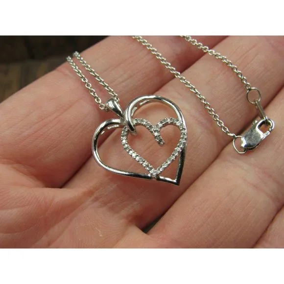 18" Sterling Silver Diamond Chip Heart In Heart Necklace Vintage Minimalist - Picture 3 of 7